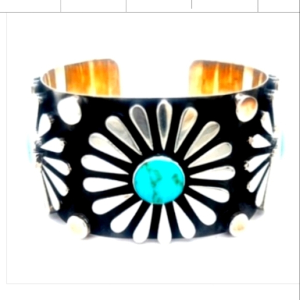 Turquoise 925 Mexican Silver Sunflower Wide Cuff Exquisite Bracelet - Picture 6 of 6
